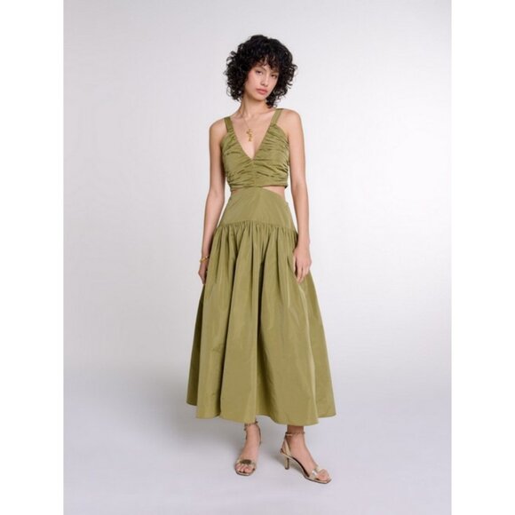 💕MAJE💕 Ruched Cutout Taffeta Dress ~ Kaki Army Green EU 34 NWOT - Picture 2 of 10